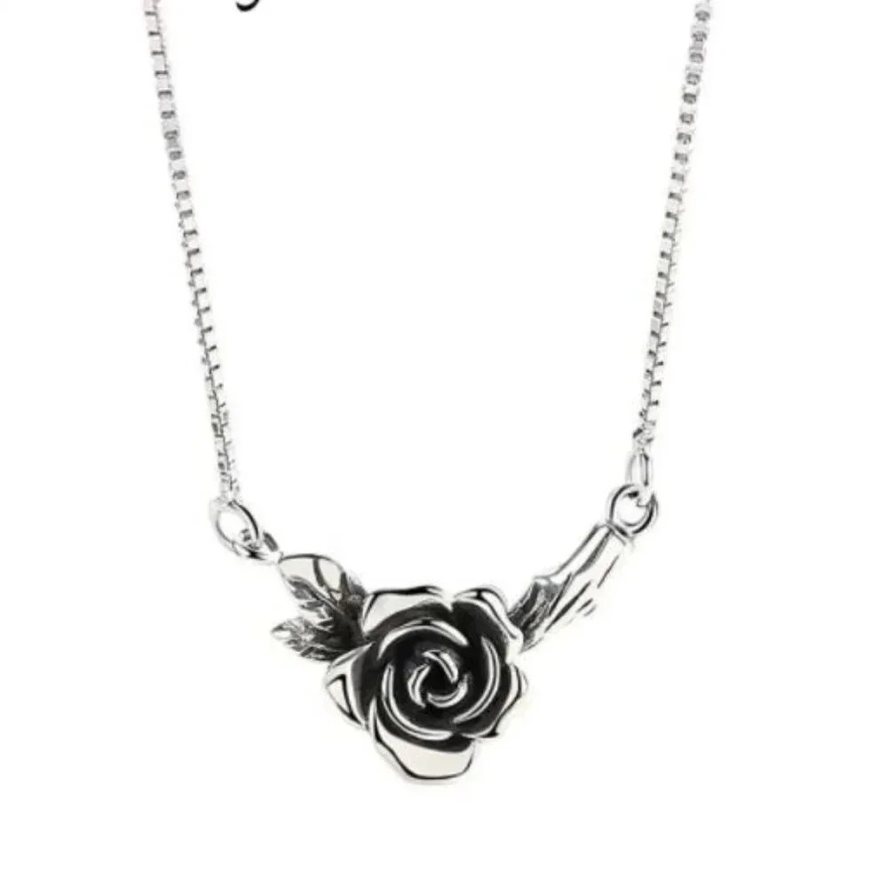 925 Sterling Silver Rose Necklace, Vintage Rose Pendant Box Chain Necklace